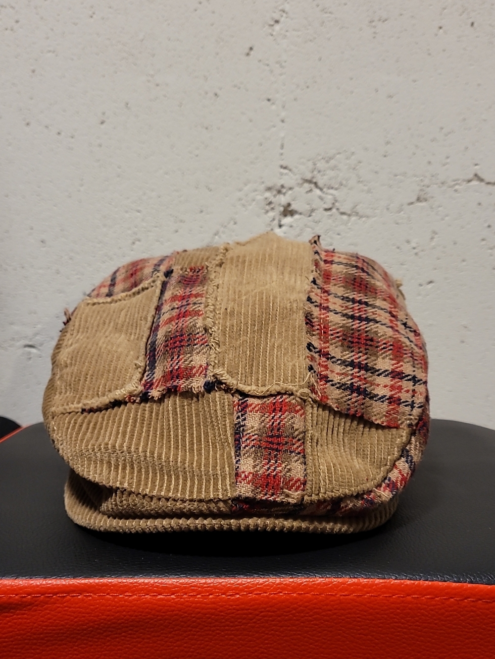 Tan Corduroy Patchwork Flat Cap with Plaid Accents